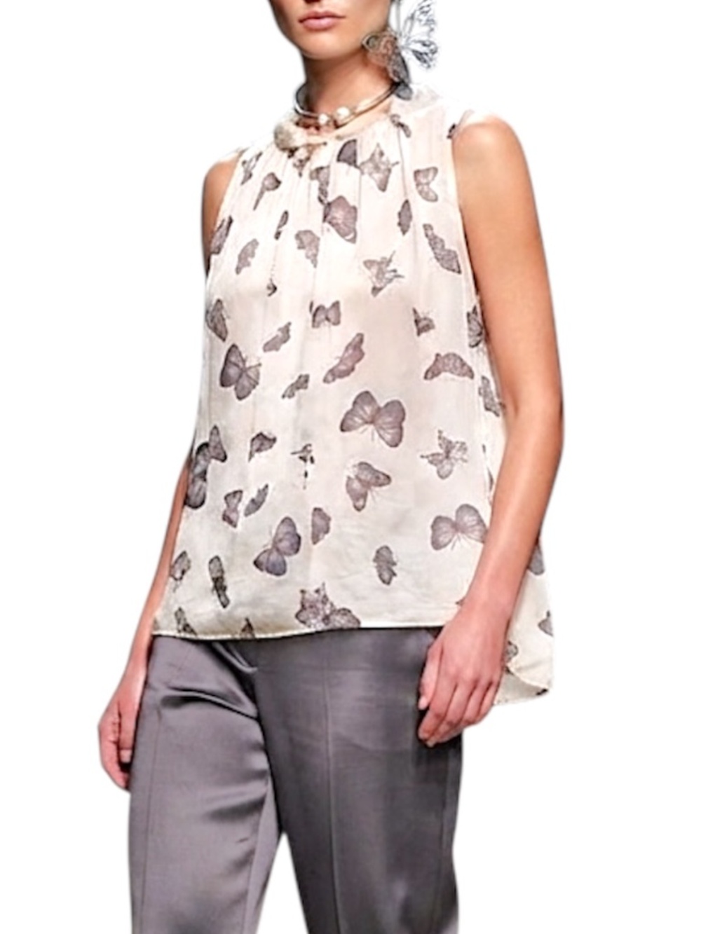 Elena Baldi Italy silky beige butterfly print sleeveless old money top blouse L